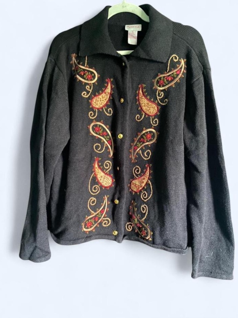 Vintage Crystal Kobe Black Embroidered Paisley Button Up Cardigan Sweater XL